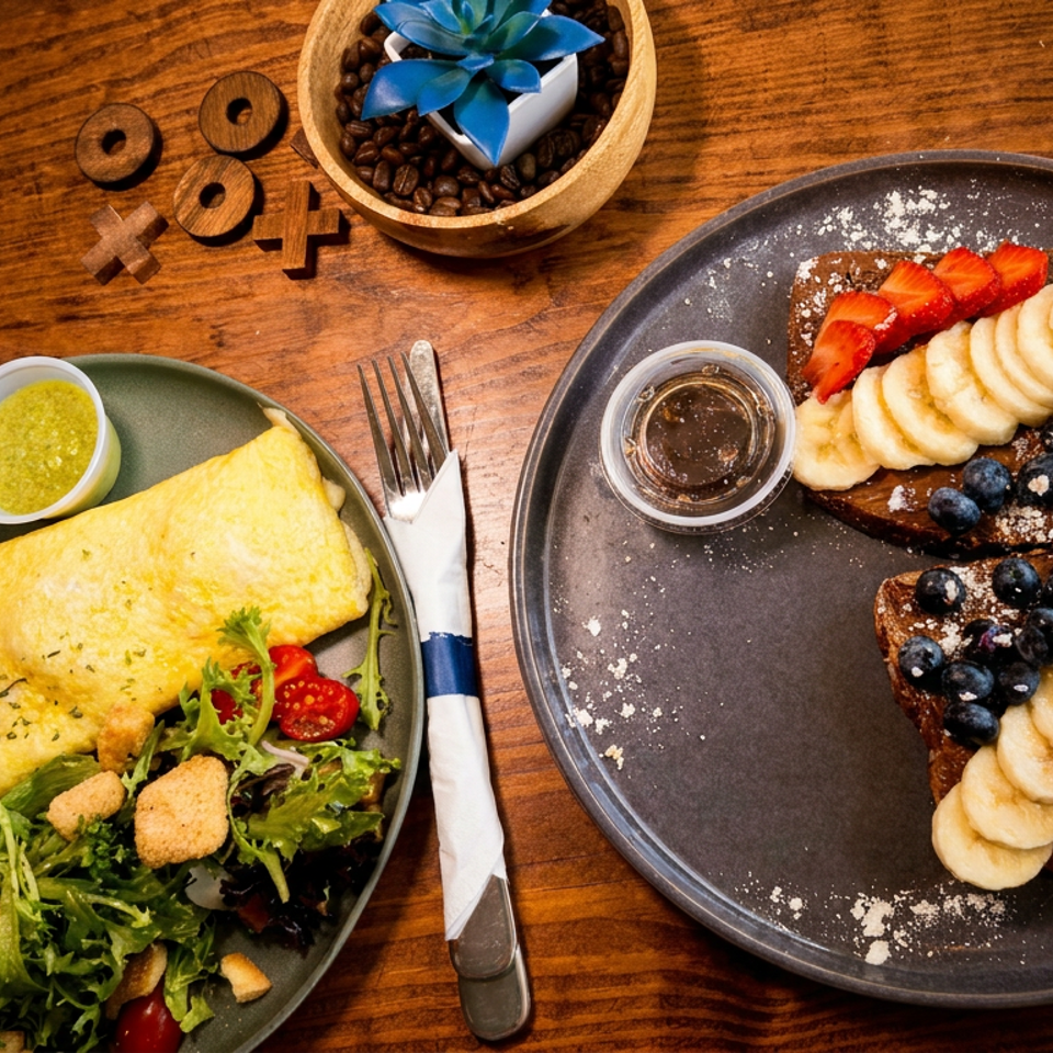Overhead view of an omelet with salad, fruit-topped French toast, dipping sauces, and a succulent on a wooden restaurant table.