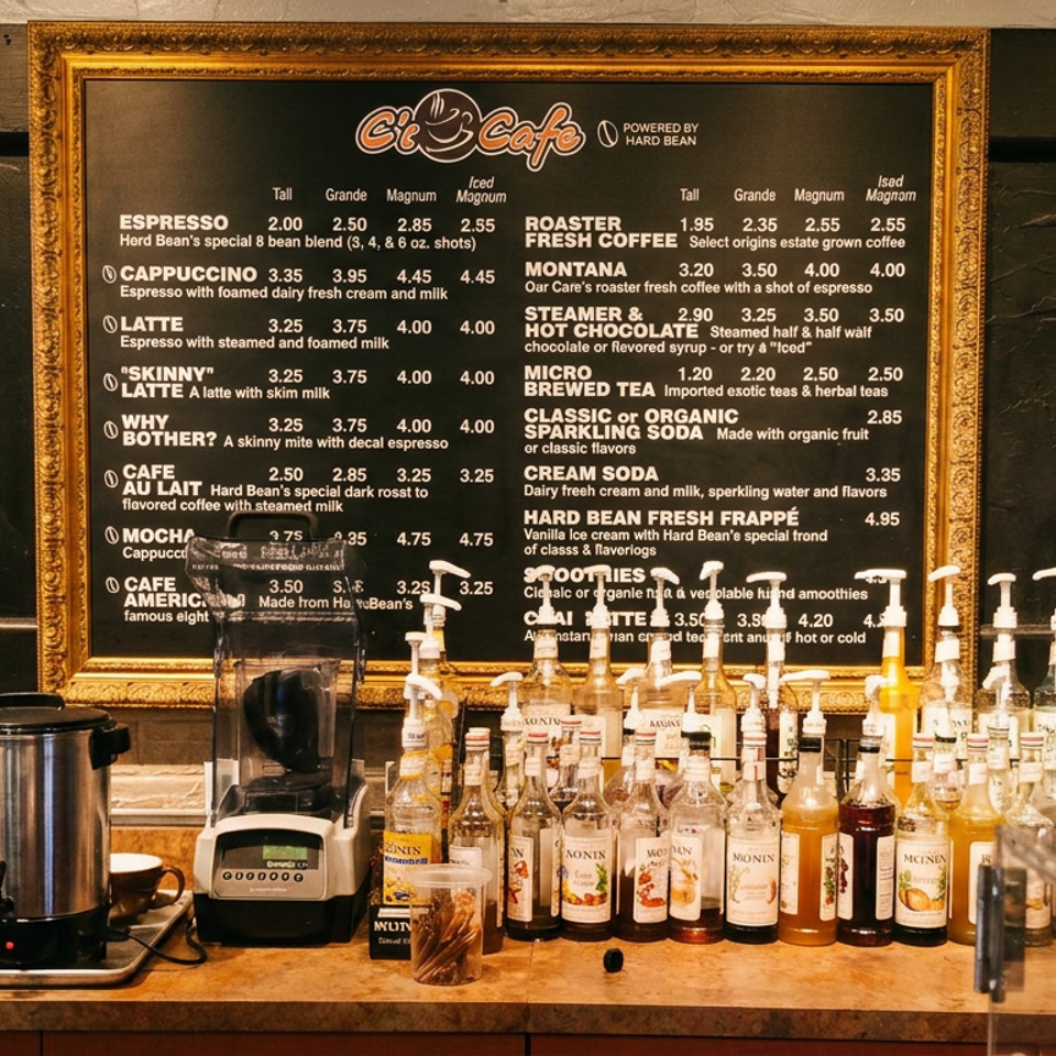 Coffee counter featuring a framed café menu, espresso equipment, blender, beverage dispensers, and numerous flavored syrup bottles.