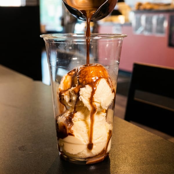 Vanilla ice cream scoops in a clear cup are drizzled with chocolate sauce at a restaurant table.