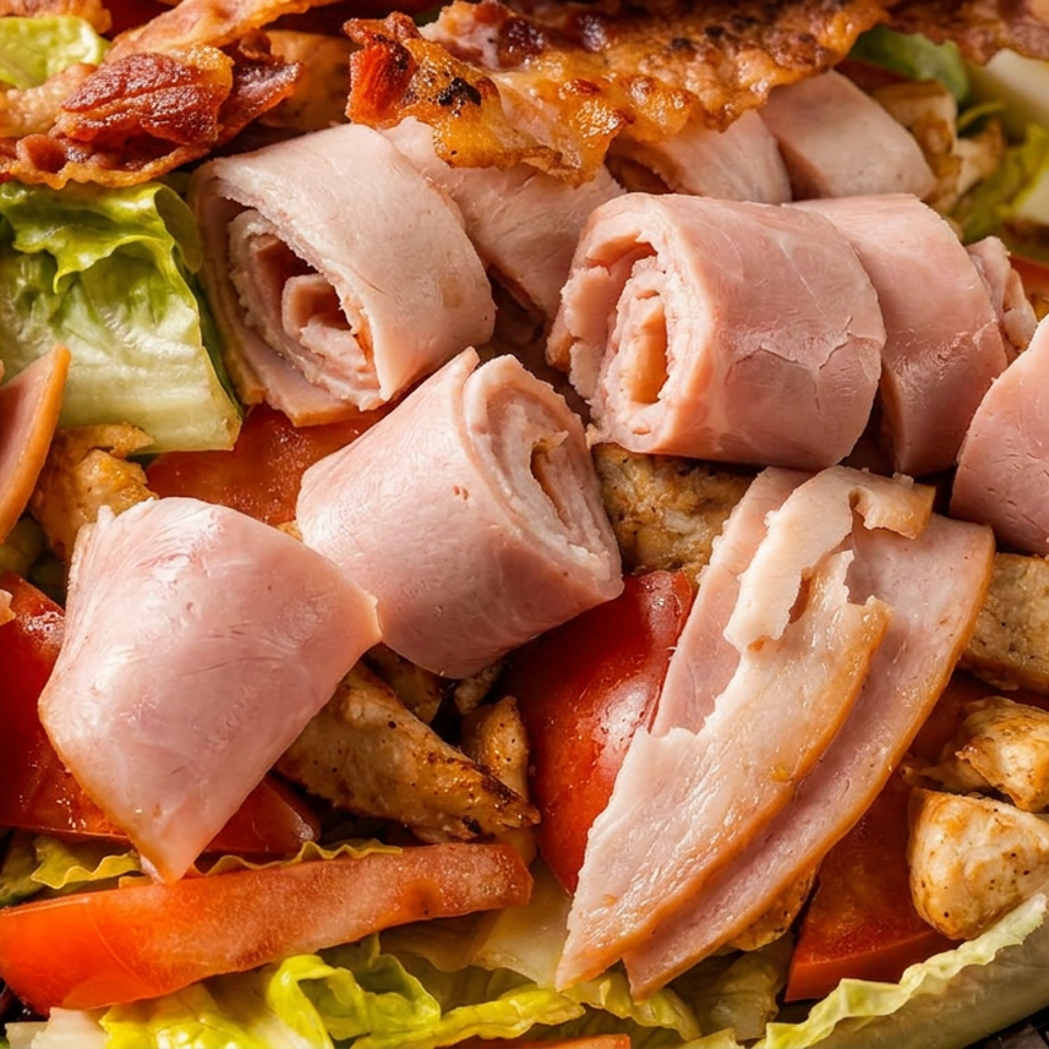 Close-up of a hearty salad topped with rolled ham, crispy bacon, grilled chicken, tomatoes, lettuce, and sliced hard-boiled eggs.