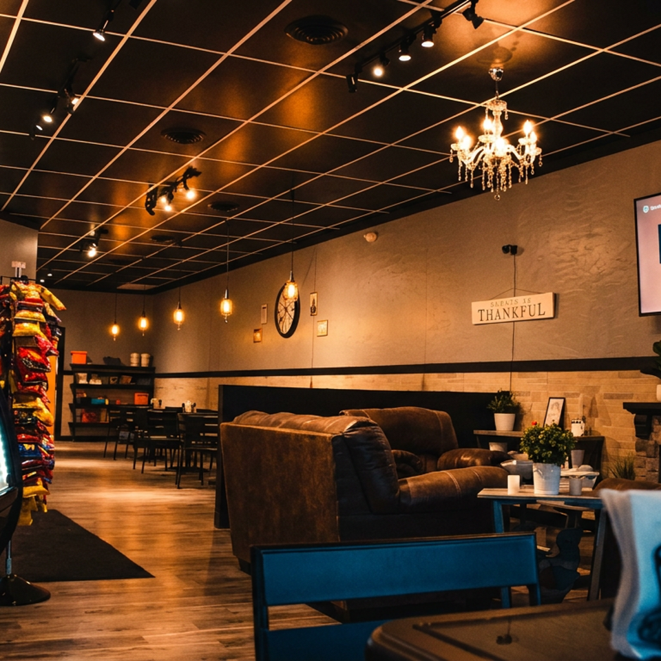 Cozy restaurant lounge with chandeliers, leather seating, dessert display case, fireplace, and wall-mounted television.