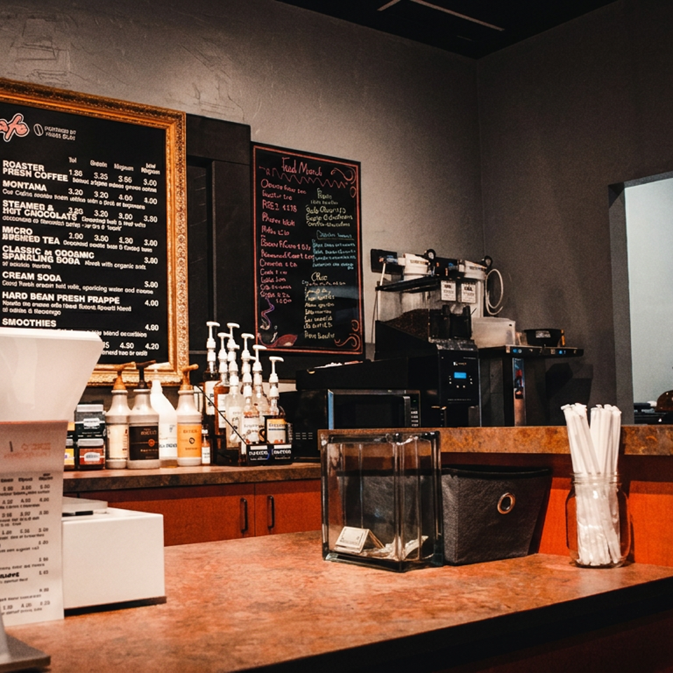 Cozy café counter with coffee menu, espresso machine, stacked cups, syrup bottles, straws, and register.