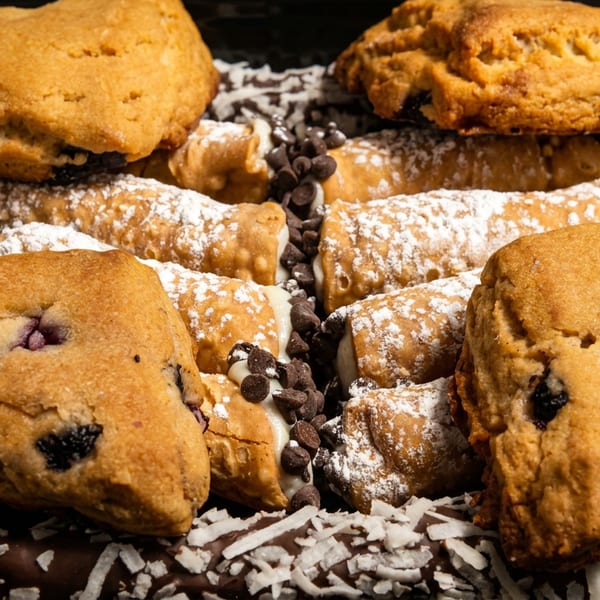 Assorted chocolate chip pastries, powdered sugar cannoli, chocolate-dipped pretzels, shredded coconut, and chocolate chips arranged on a black tray.